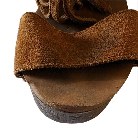 Groove Midnight Fringe Wooden Wedge Sandal Platform Brown Suede Size 9 - Picture 6 of 10